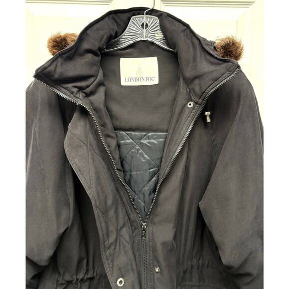 Vintage London Fog Fur Trim Parka Coat Black Hooded Winter Jacket Women’s Size M - Picture 4 of 13